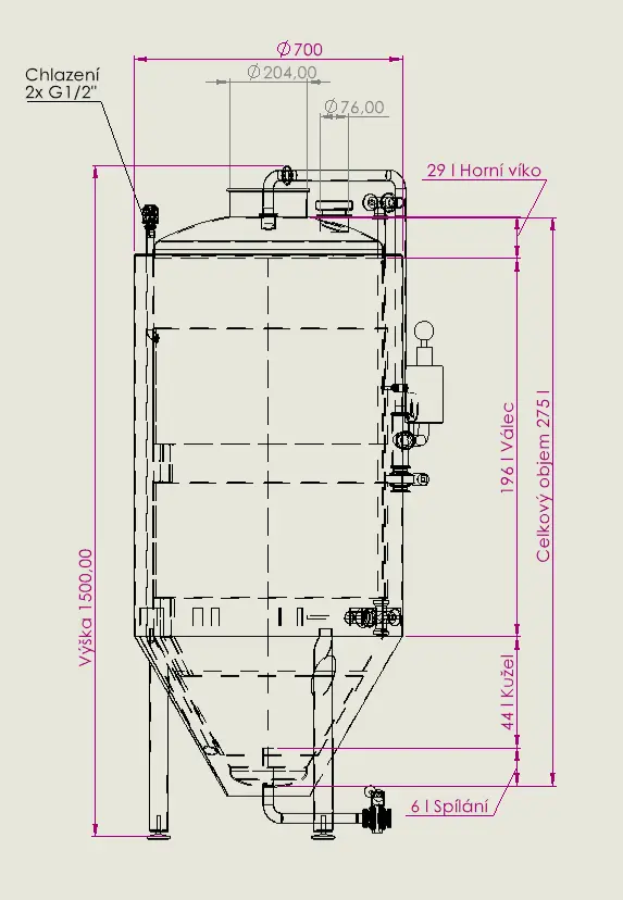 CK tank 275 l – rozměrový výkres 700 × 1 500 mm
