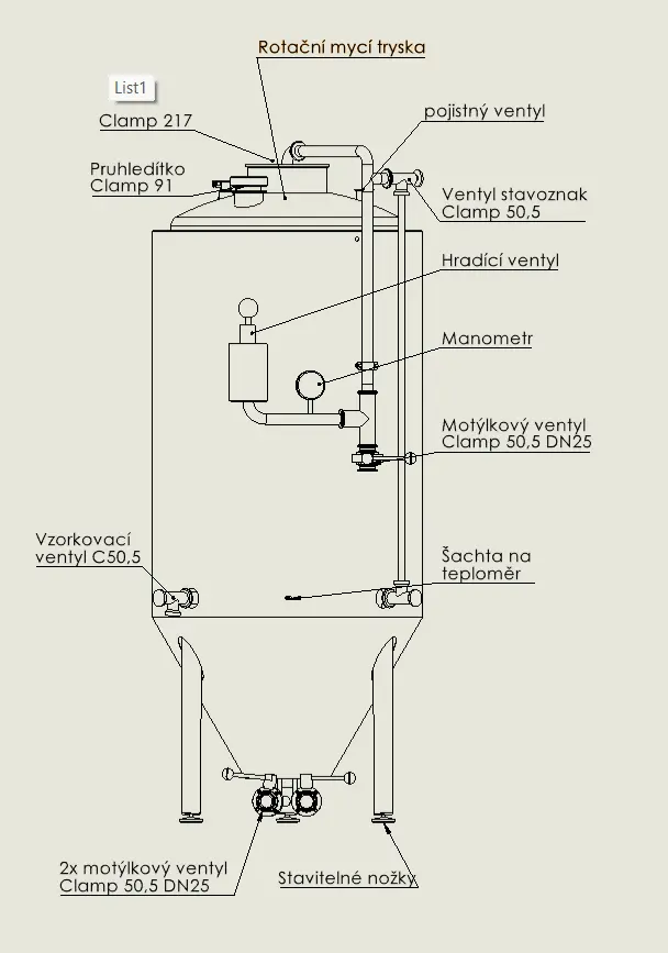 CK tank 530 l – rozmístění ventilů a armatur