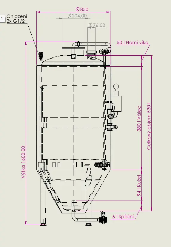 CK tank 530 l – rozměrový výkres 850 × 1 600 mm
